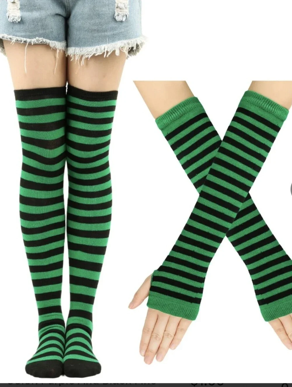 Green & Black Striped Thigh-High Socks & Arm Warmers